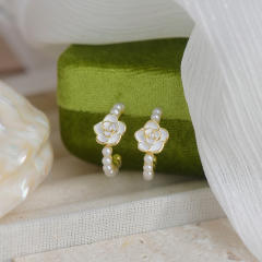 Vintage camellia pearl bead open hoop earrings