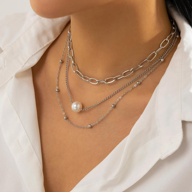 Hiphop three layer single pearl choker necklace