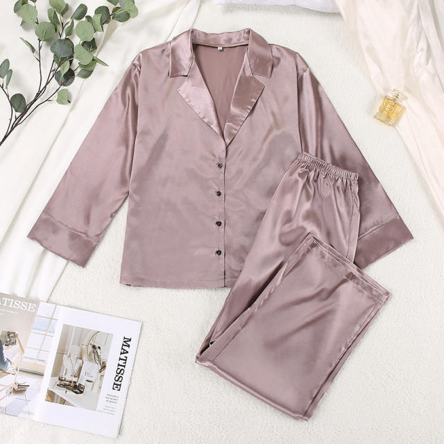 Long sleeve plain color satin pajamas