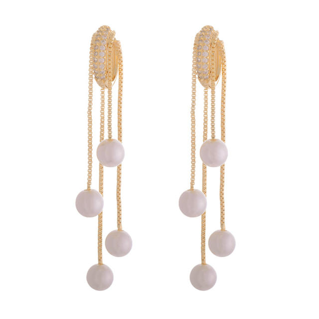 Korean fashion elegant pearl tassel huggie earrings