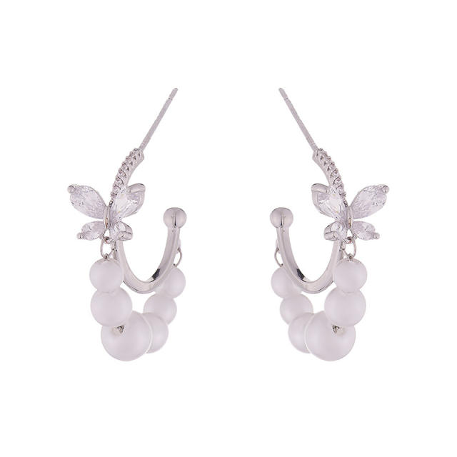 Easy match diamond butterfly pearl beads hoop earrings