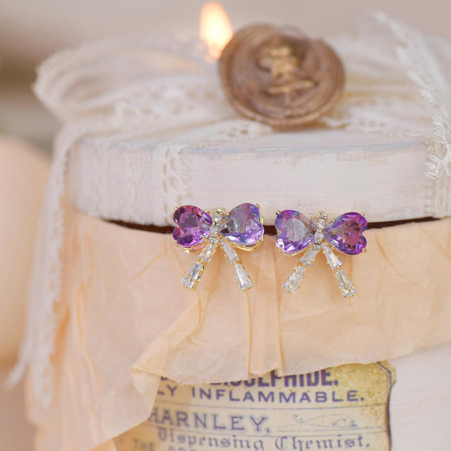 Delicate amethyst bow cute studs earrings for women