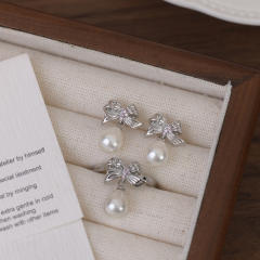 Sweet bow pearl drop earrings rings