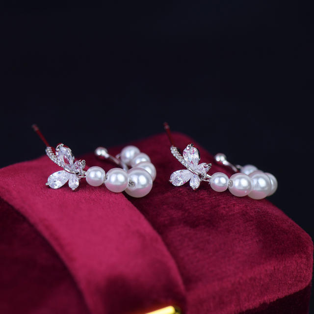 Easy match diamond butterfly pearl beads hoop earrings