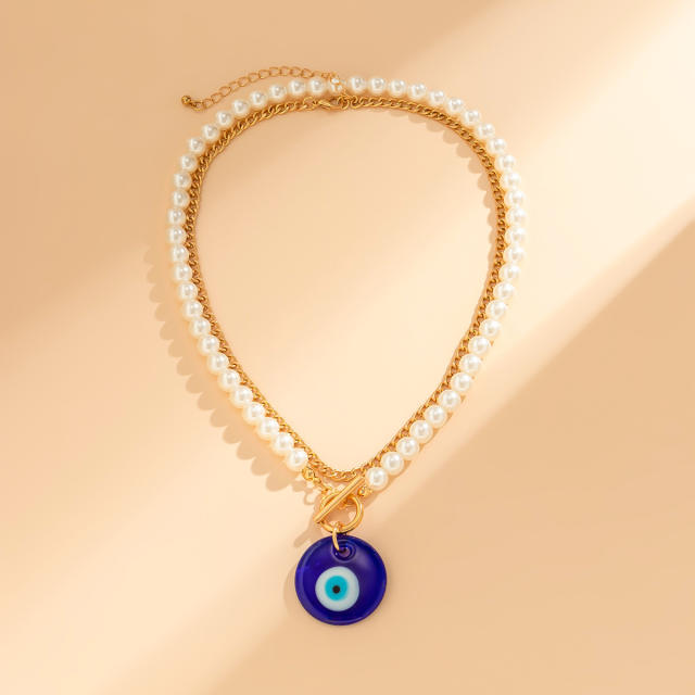 Personality vintage blue evil eye pendant layer necklace