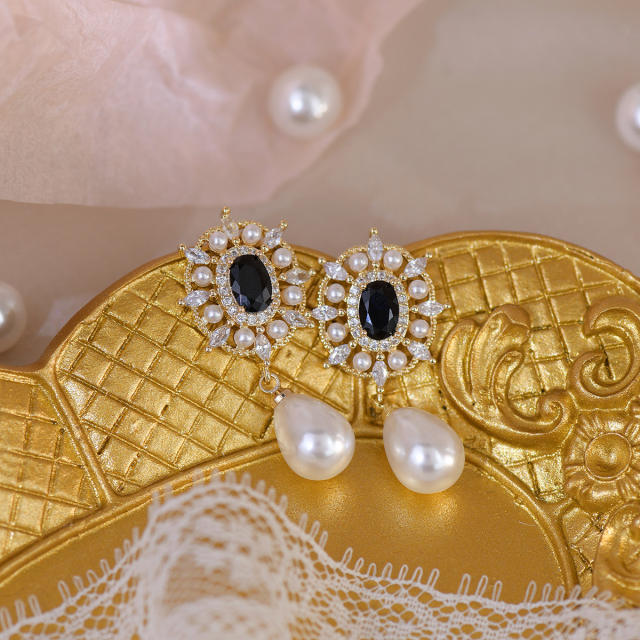 Vintage black color cubic zircon setting pearl drop earrings