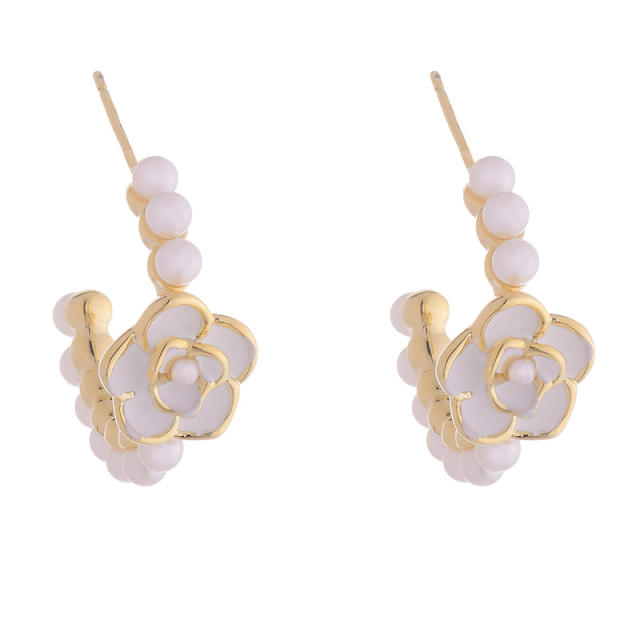 Vintage camellia pearl bead open hoop earrings