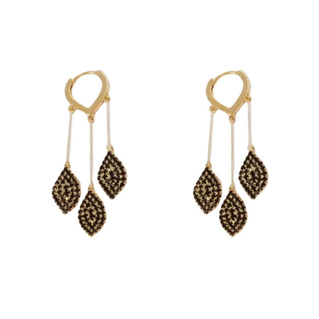 Real gold plated diamond leaf tassel earrings