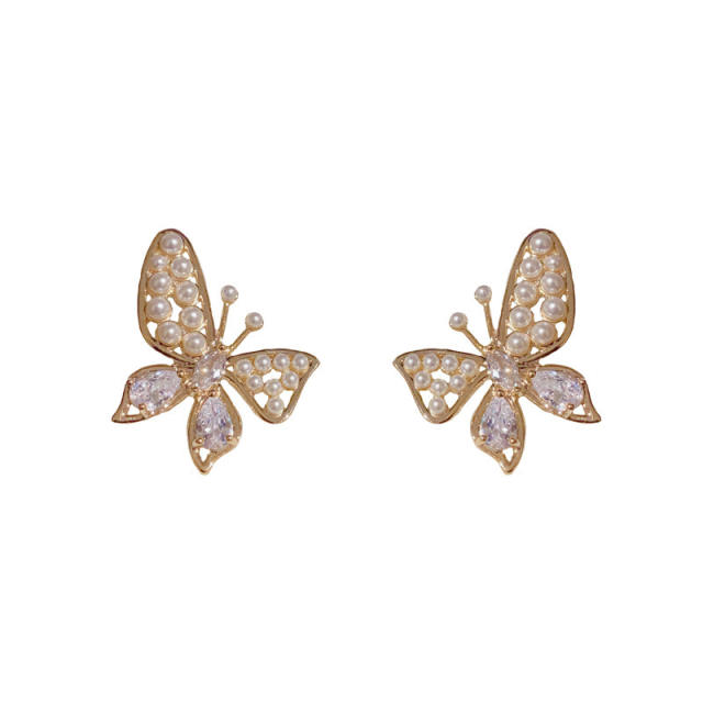925 needle korean fashion pearl bead butterfly studs earrings