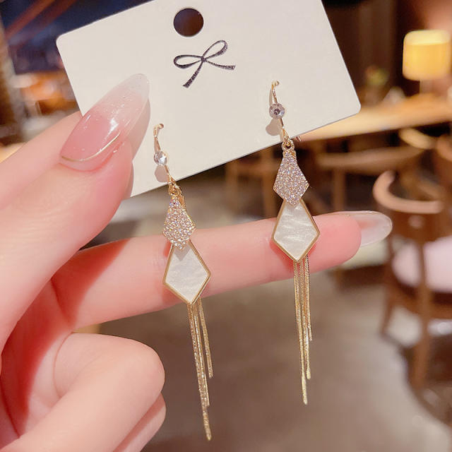 Korean fashion geometric diamond chain tassel earrings
