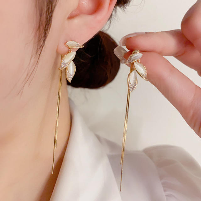 925 needle opal stone leaf tassel jacket earrings