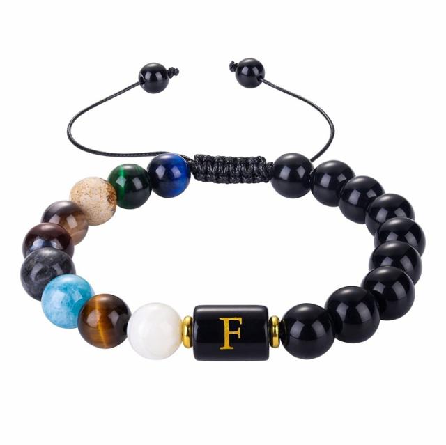 10mm Black agate initial letter braid bracelet for men