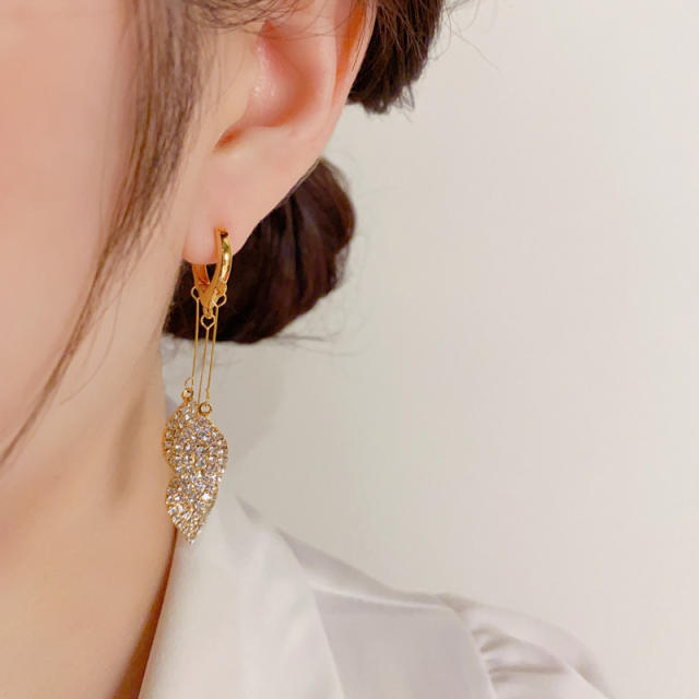 Real gold plated diamond leaf tassel earrings