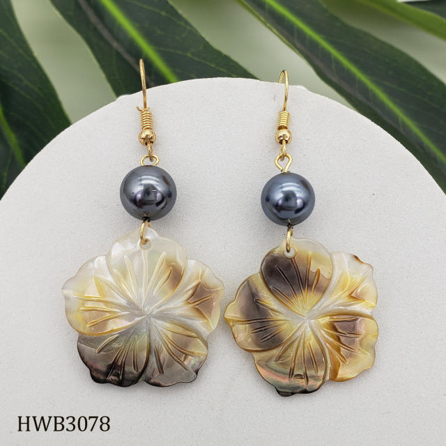 Boho holiday trend black shell flower dangle earrings