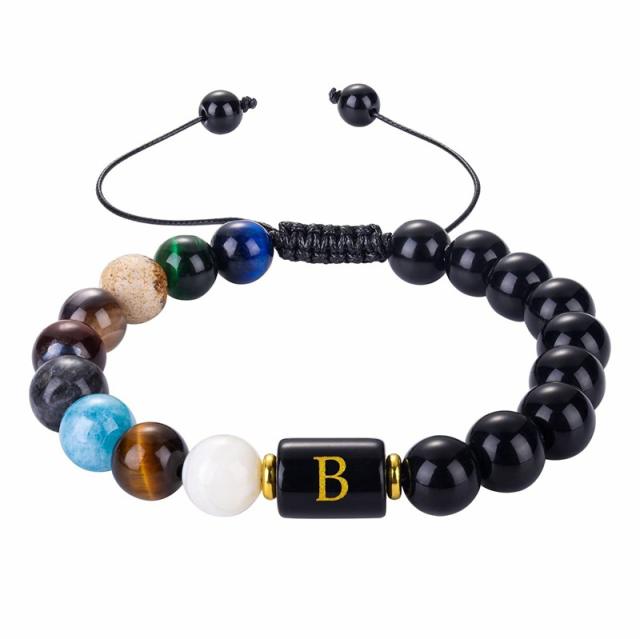 10mm Black agate initial letter braid bracelet for men