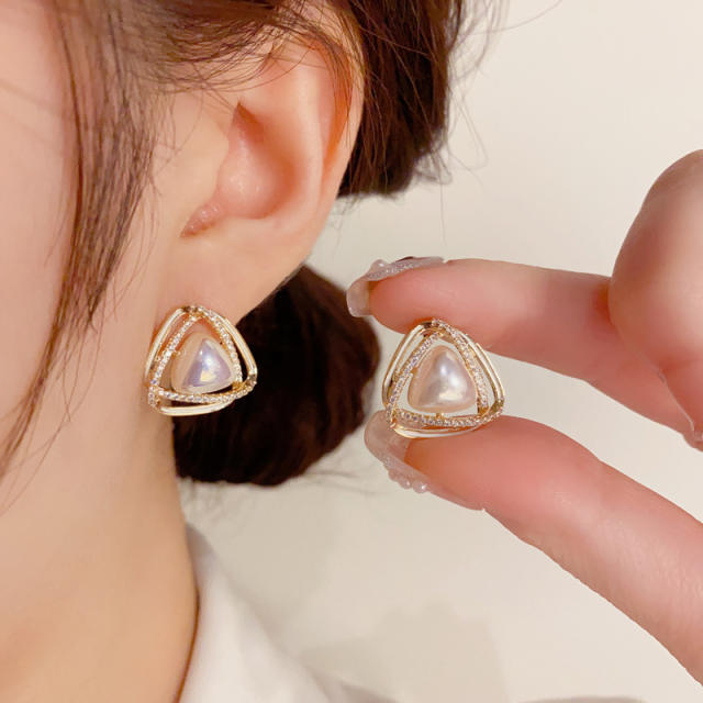 Delicate triangle pearl real gold plated studs earrings