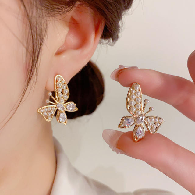 925 needle korean fashion pearl bead butterfly studs earrings