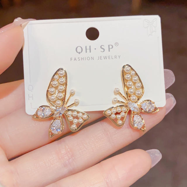 925 needle korean fashion pearl bead butterfly studs earrings