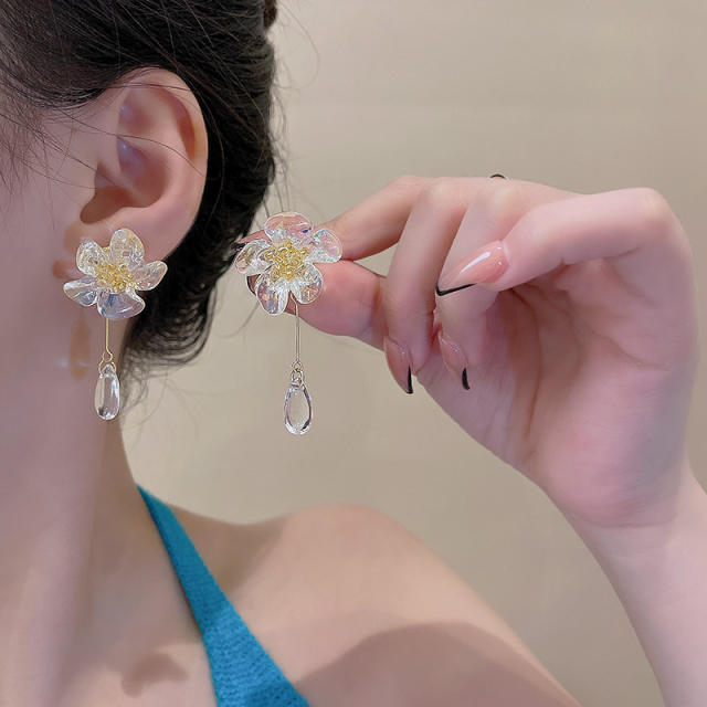 925 needle elgant clear flower dangle earrings