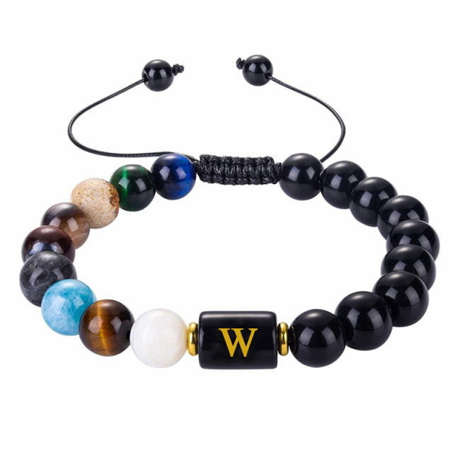 10mm Black agate initial letter braid bracelet for men