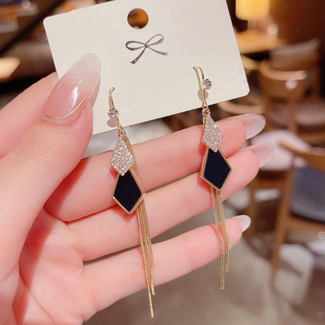 Korean fashion geometric diamond chain tassel earrings