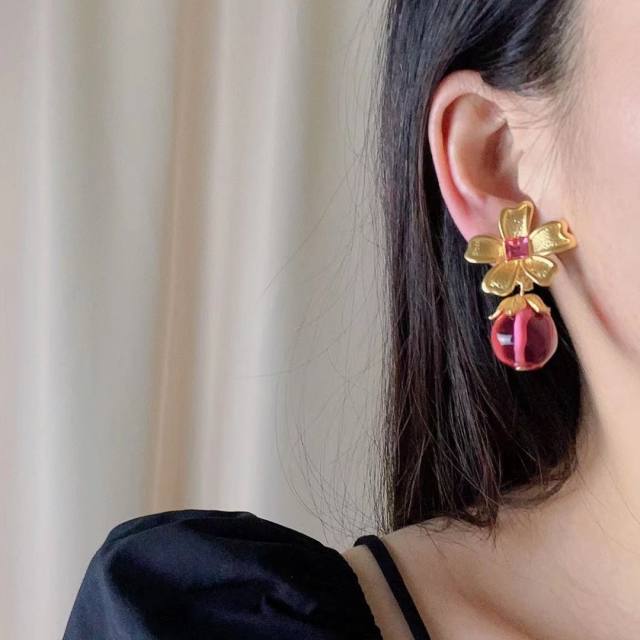 Vintage copper material flower pink earrings