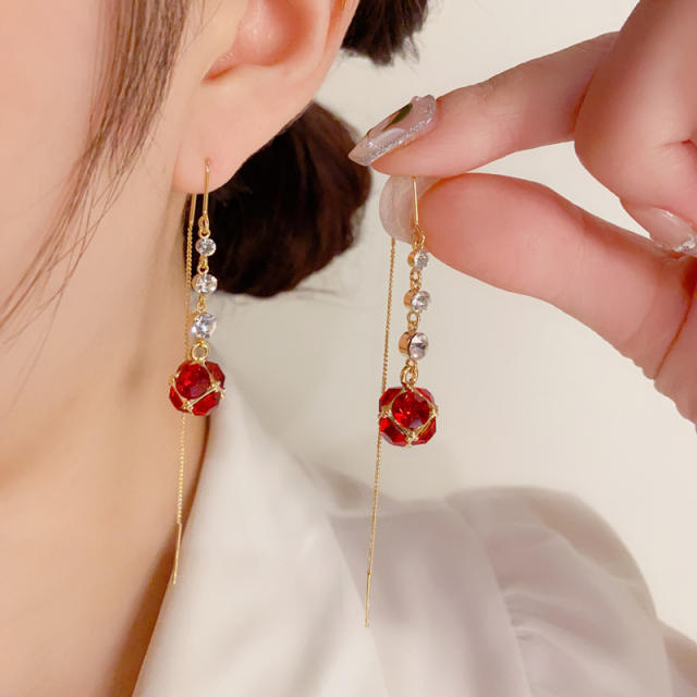 Korean fashion red cubic zircon ball real gold plated threader earrings