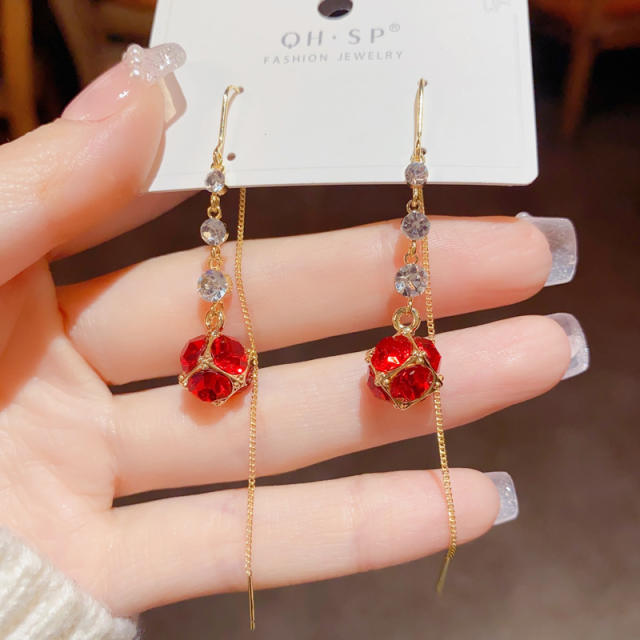 Korean fashion red cubic zircon ball real gold plated threader earrings