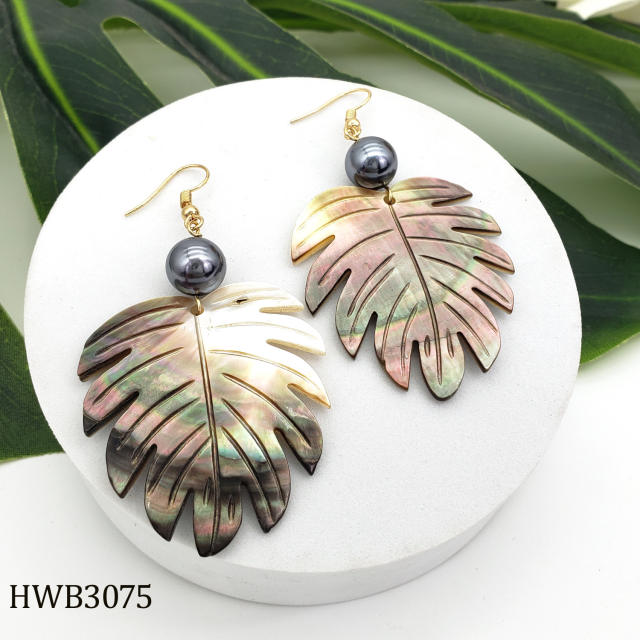 Creative boho beach black shell flower leaf earrings