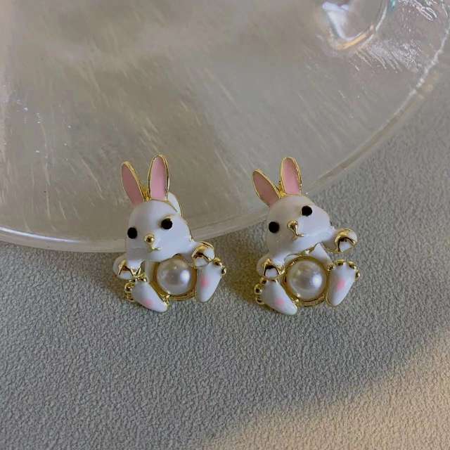 Cute enamel rabbit jacket earrings