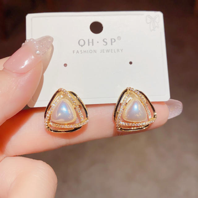 Delicate triangle pearl real gold plated studs earrings