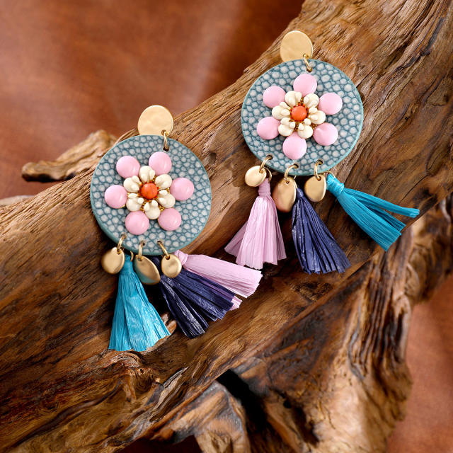 Boho sunflower design rope tassel earrings