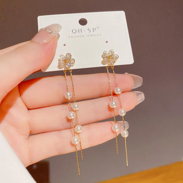 Elegant pearl flower tassel jacket earrings