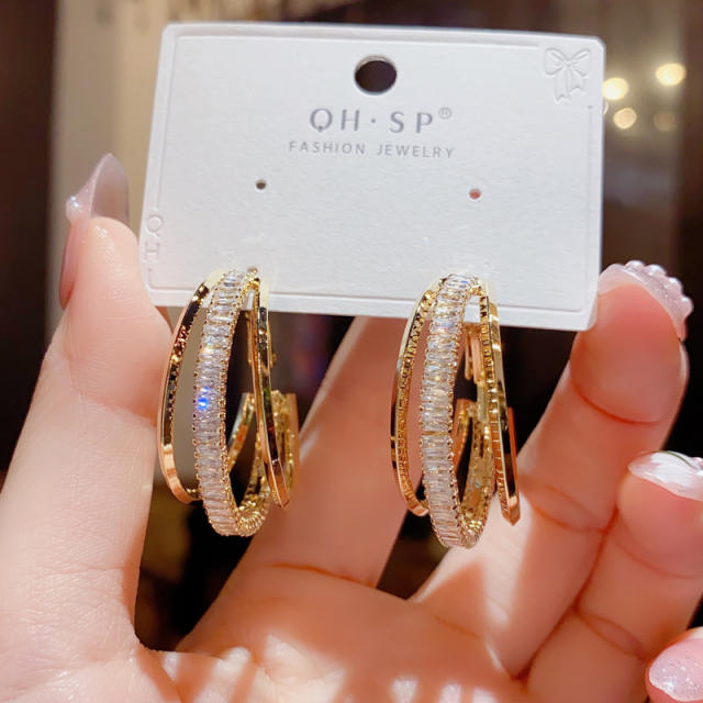 925 needle diamond circle real gold plated earrings