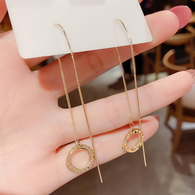 Korean fashion diamond circle real gold plated threader earrings