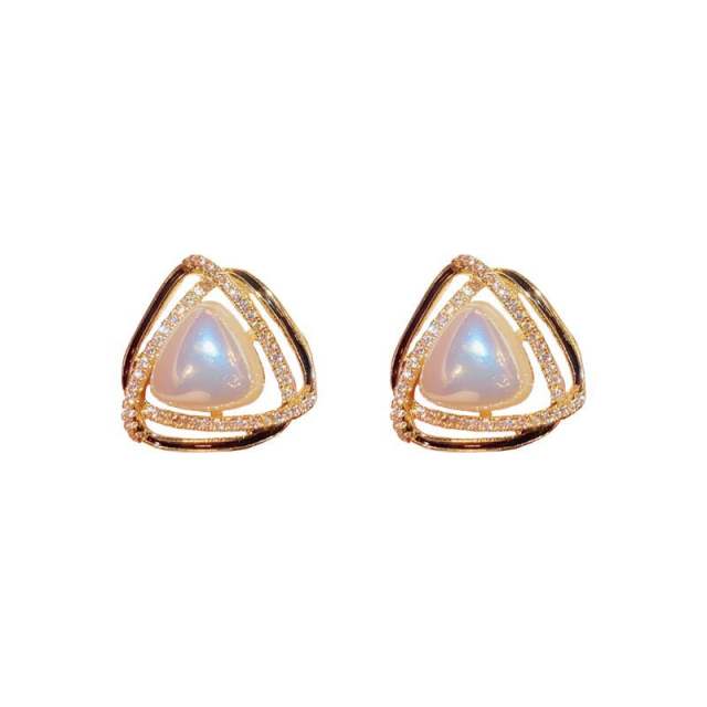 Delicate triangle pearl real gold plated studs earrings