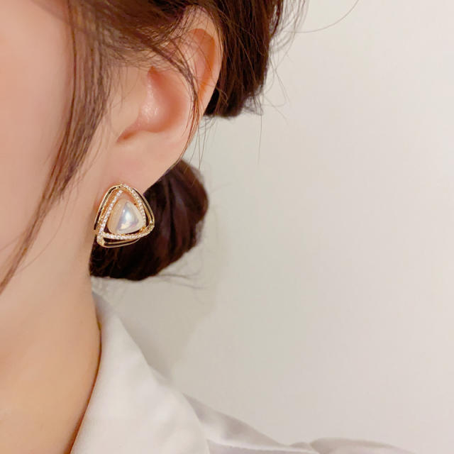Delicate triangle pearl real gold plated studs earrings