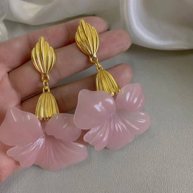 925 needle vintage pink flower dangle earrings