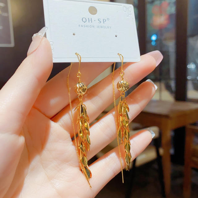 Korean fashion gold color wheat threader earrings