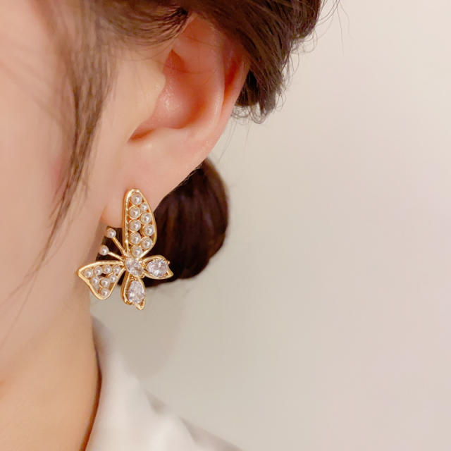 925 needle korean fashion pearl bead butterfly studs earrings