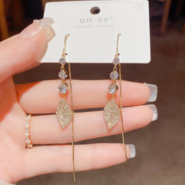Korean fashion diamond leaf real gold plated threader earrings