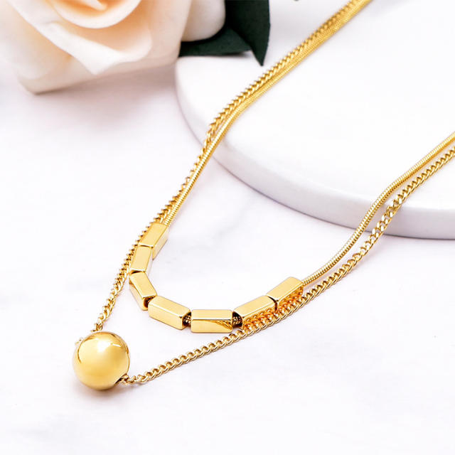 Korean fashion square ball two layer stainless steel necklace
