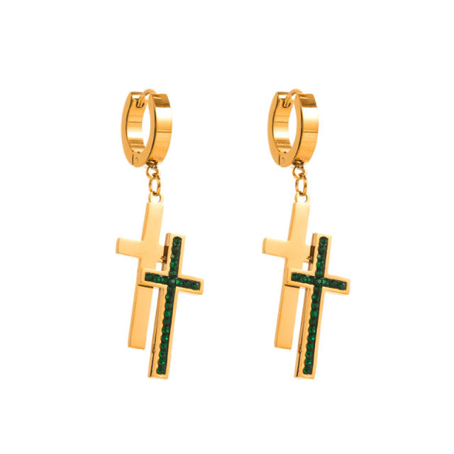 14KG color rhinestone cross stainless steel huggie earrings