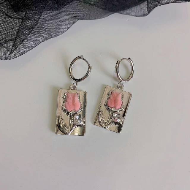 Vintage silver color pink flower huggie earrings