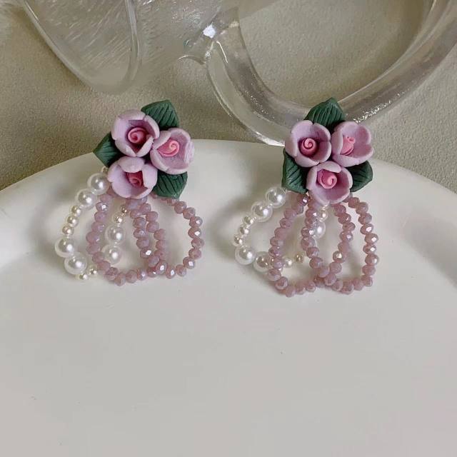925 needle vintage flower pearl beads chain earrings