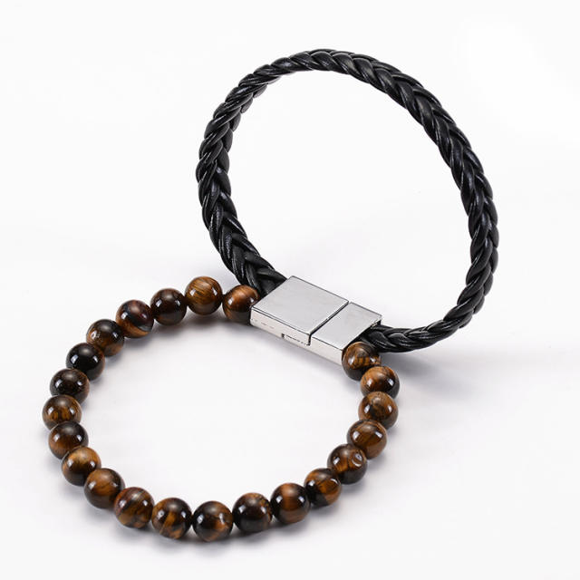 Natural beads tiger eye beads two layer bracelet for men