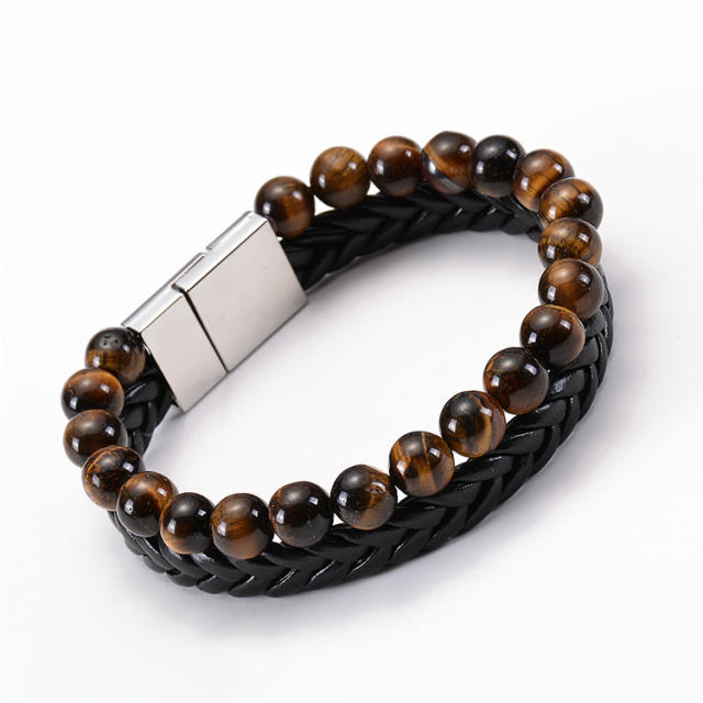 Natural beads tiger eye beads two layer bracelet for men