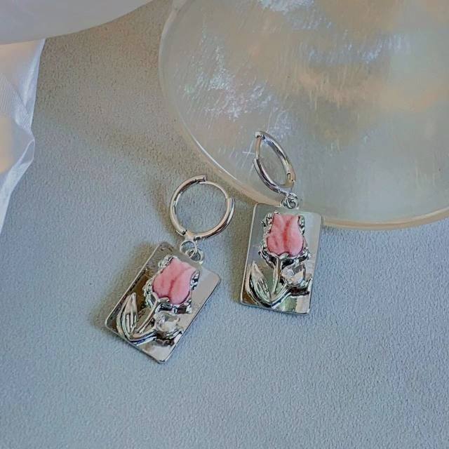 Vintage silver color pink flower huggie earrings