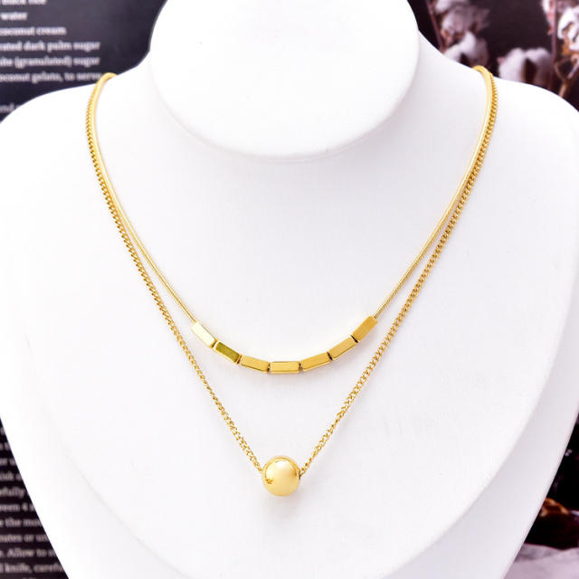 Korean fashion square ball two layer stainless steel necklace