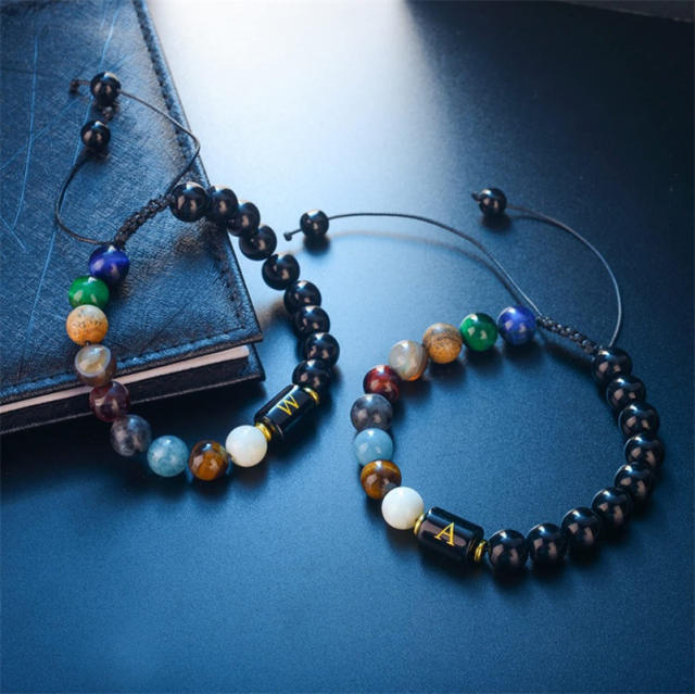 10mm natural stone initial letter bead bracelet